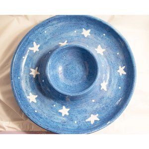 Handcrafted - chips & salsa platter. Pottery handmade blue w/ white stars. One o